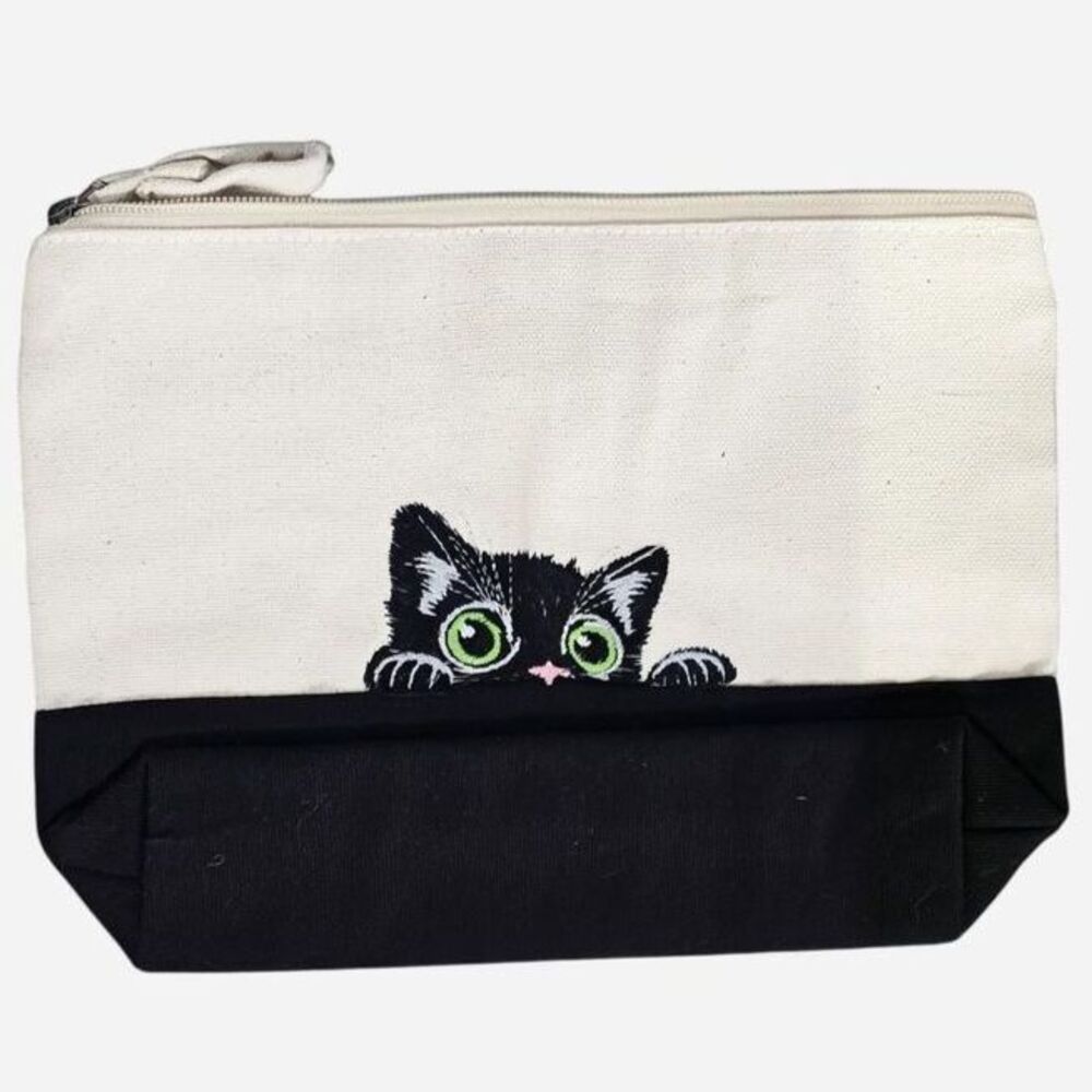 Upcycled Embroidered Canvas Zipper Pouch Cat Peeking Makeup Bag Purse Set